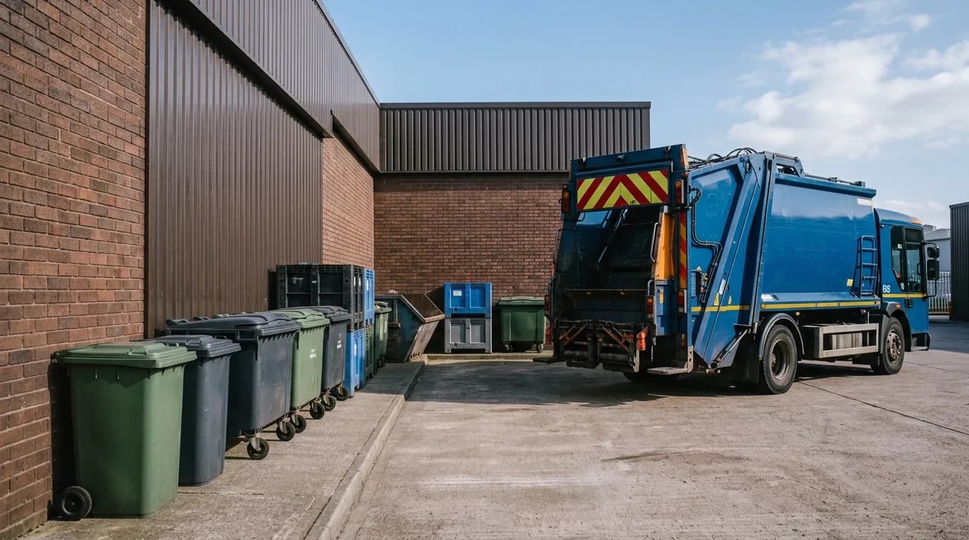 A commercial waste collection vehicle emptying a container at a business premises